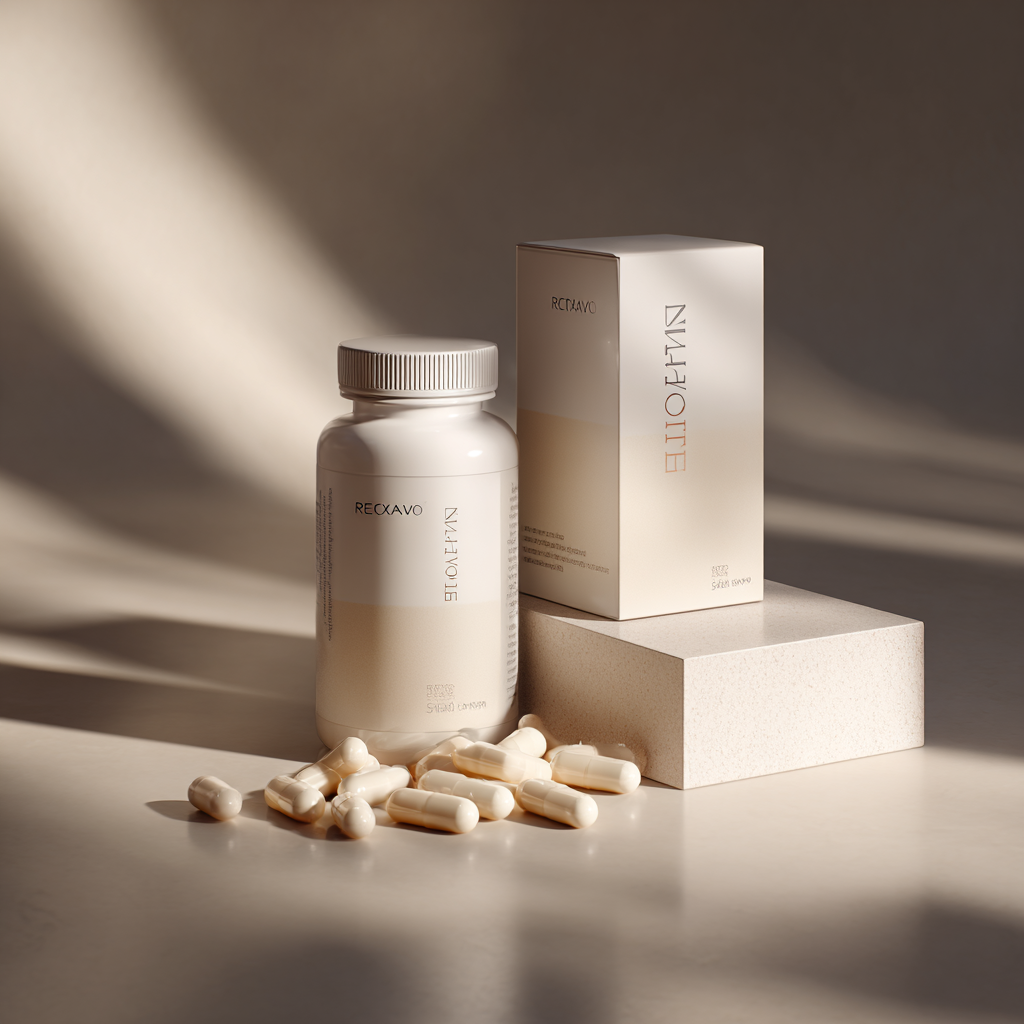 Професионални капсули Erectafin в елегантна опаковка с натурални съставки като женшен и цинк, показани в реалистичен медицински стил с мека светлина